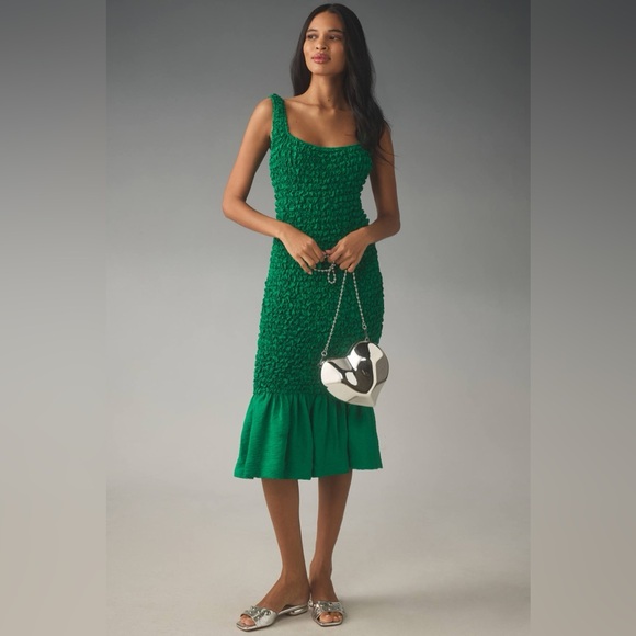 By Anthropologie Square Neck Pebble Smocked Dress Size Large / XL in Green - Picture 1 of 13